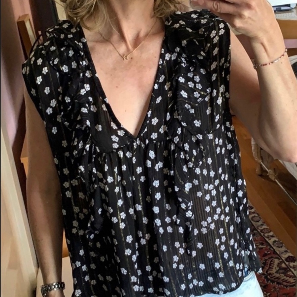 Anthropologie black Short Sleeve Blouse with flowers